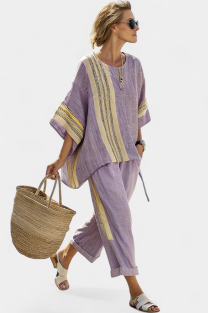 Beautiful Purple Blouse & Yellow Stripe Trousers