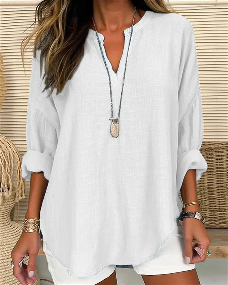 Women's shirt with Mao collar, linen and cotton, relaxed fit, long sleeves