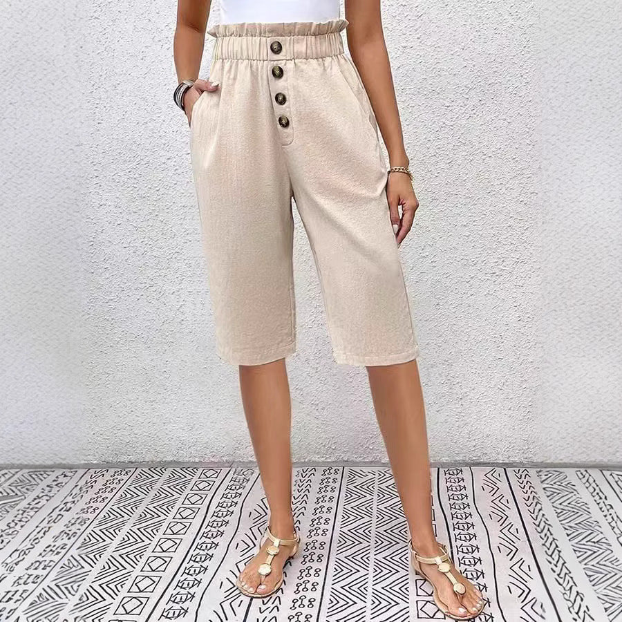 Bermuda shorts for women - Relaxed fit - Elastic waistband - Front button - Lightweight fabric