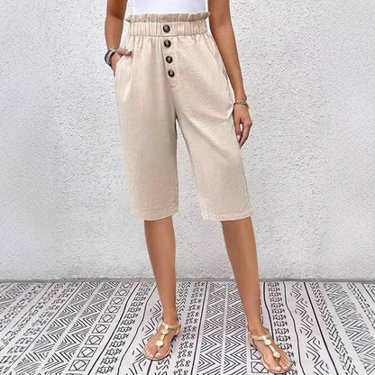 Bermuda shorts for women - Relaxed fit - Elastic waistband - Front button - Lightweight fabric
