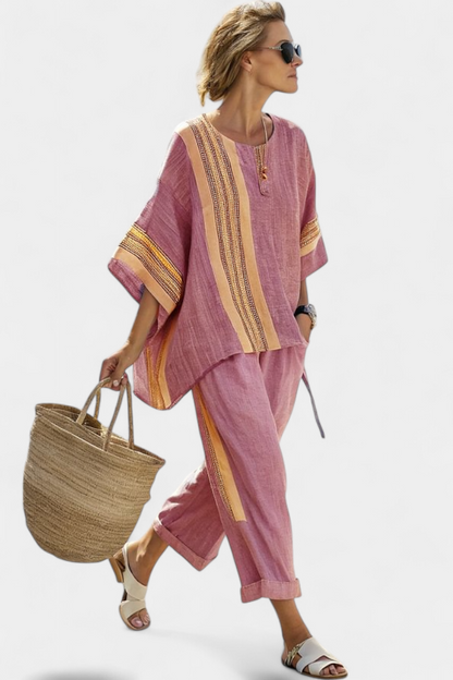 Beautiful Purple Blouse & Yellow Stripe Trousers