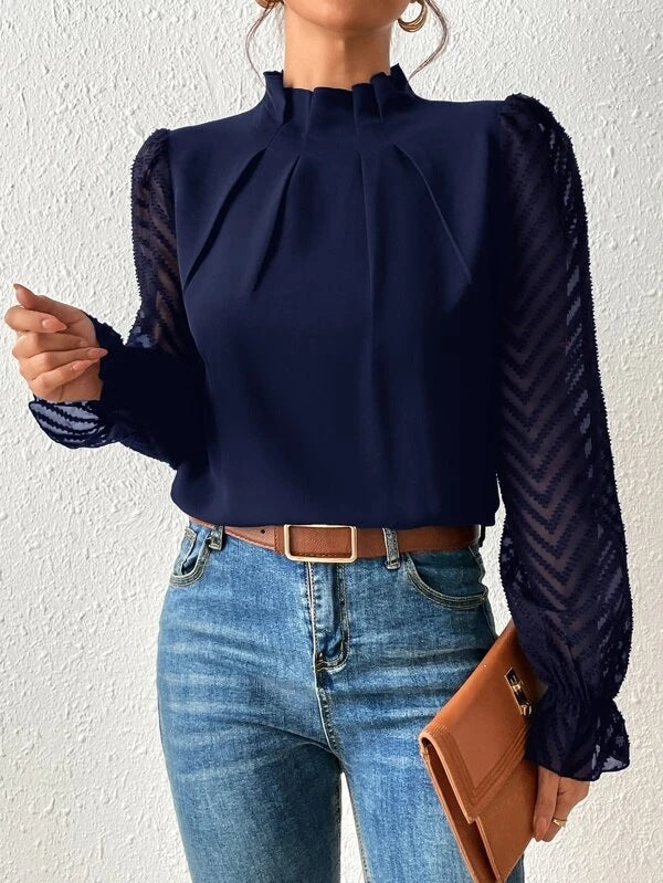 Women's blouse with pleated mesh sleeves | Flared details