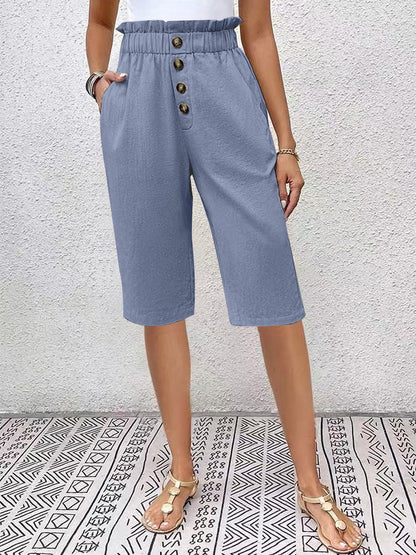 Bermuda shorts for women - Relaxed fit - Elastic waistband - Front button - Lightweight fabric