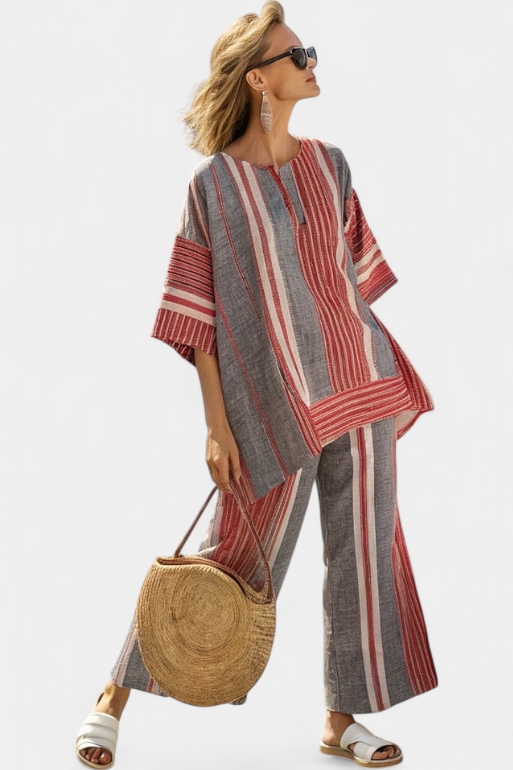 Chic Coral Beige Linen Blouse and Palazzo Pants
