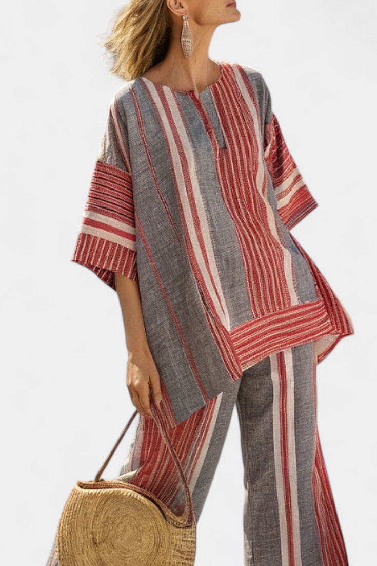 Chic Coral Beige Linen Blouse and Palazzo Pants