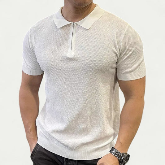 Adrian Knitted Polo Shirt with Zip Collar – Modern Men’s Smart Casual White
