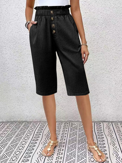 Bermuda shorts for women - Relaxed fit - Elastic waistband - Front button - Lightweight fabric