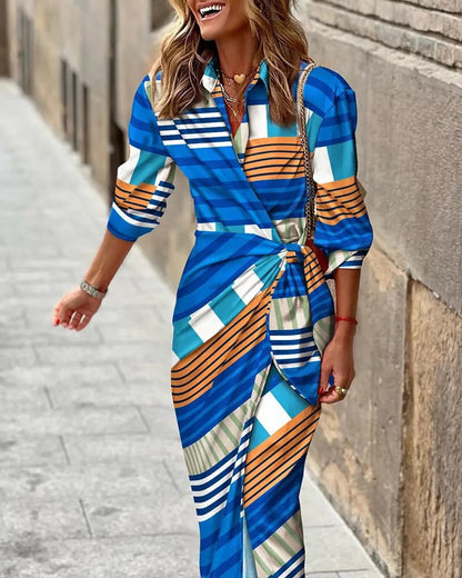 Casual V Neck Sundress with Collar