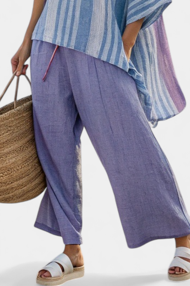 Beautiful Pastel Purple & Blue Blouse & Linen Trousers