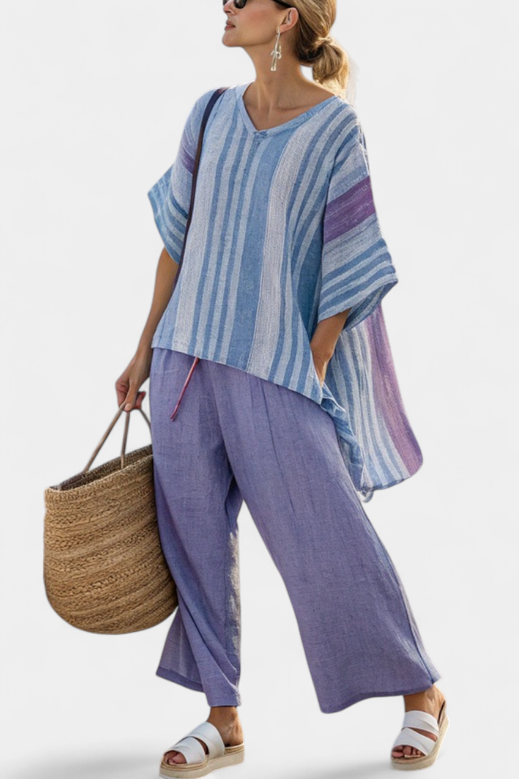 Beautiful Pastel Purple & Blue Blouse & Linen Trousers - Olytrend