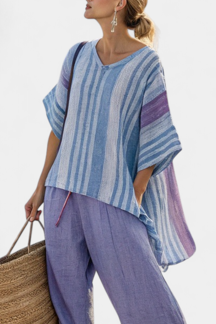 Beautiful Pastel Purple & Blue Blouse & Linen Trousers