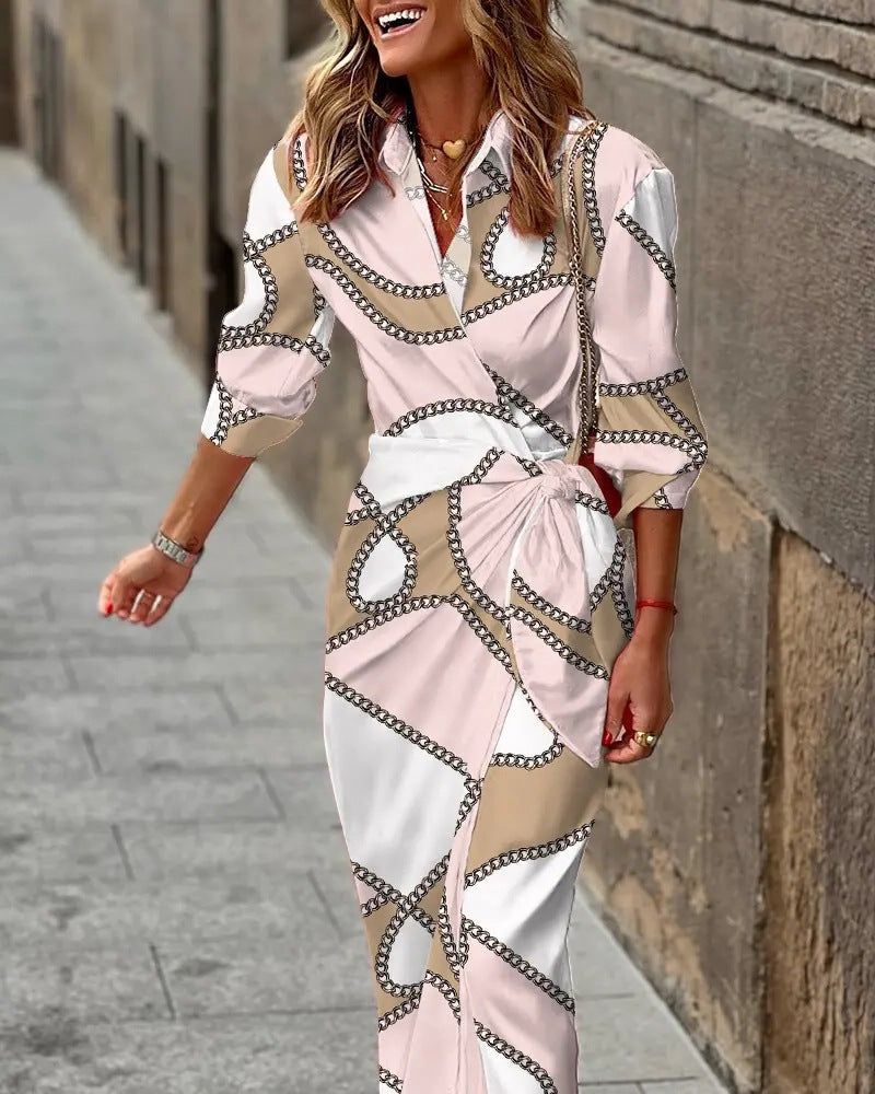 Casual V Neck Sundress with Collar