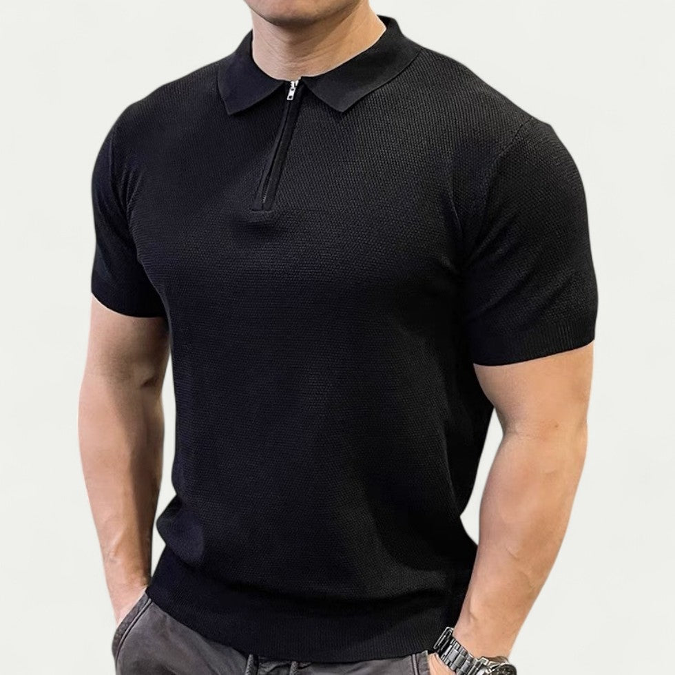 Adrian Knitted Polo Shirt with Zip Collar – Modern Men’s Smart Casual Black