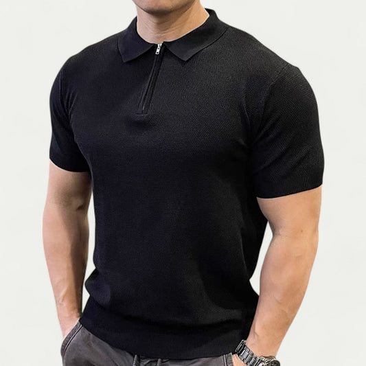 Adrian Knitted Polo Shirt with Zip Collar – Modern Men’s Smart Casual Black