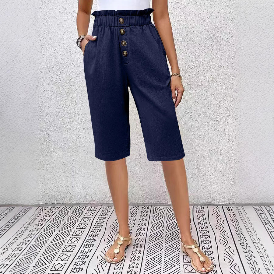 Bermuda shorts for women - Relaxed fit - Elastic waistband - Front button - Lightweight fabric
