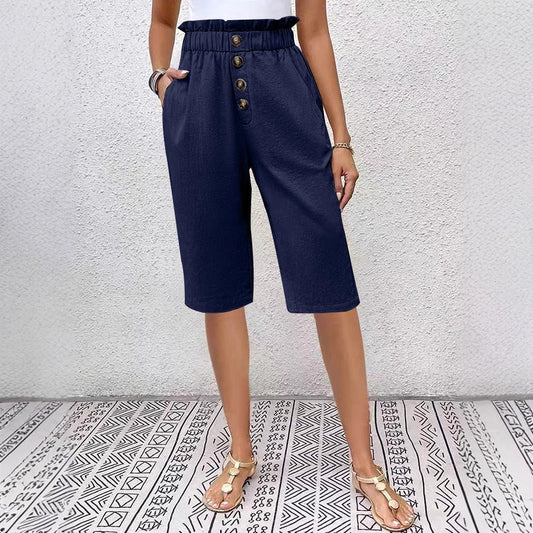 Bermuda shorts for women - Relaxed fit - Elastic waistband - Front button - Lightweight fabric