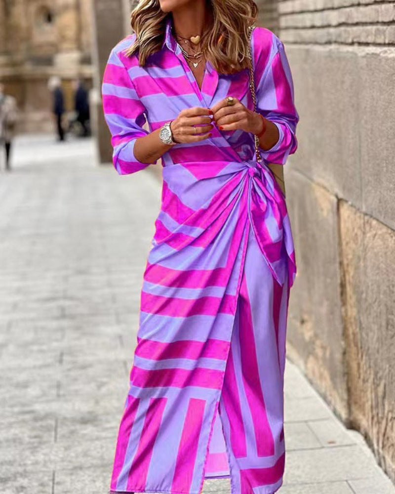 Casual V Neck Sundress with Collar