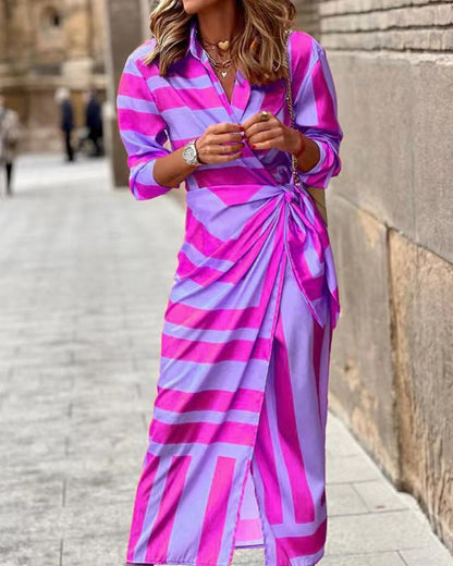 Casual V Neck Sundress with Collar