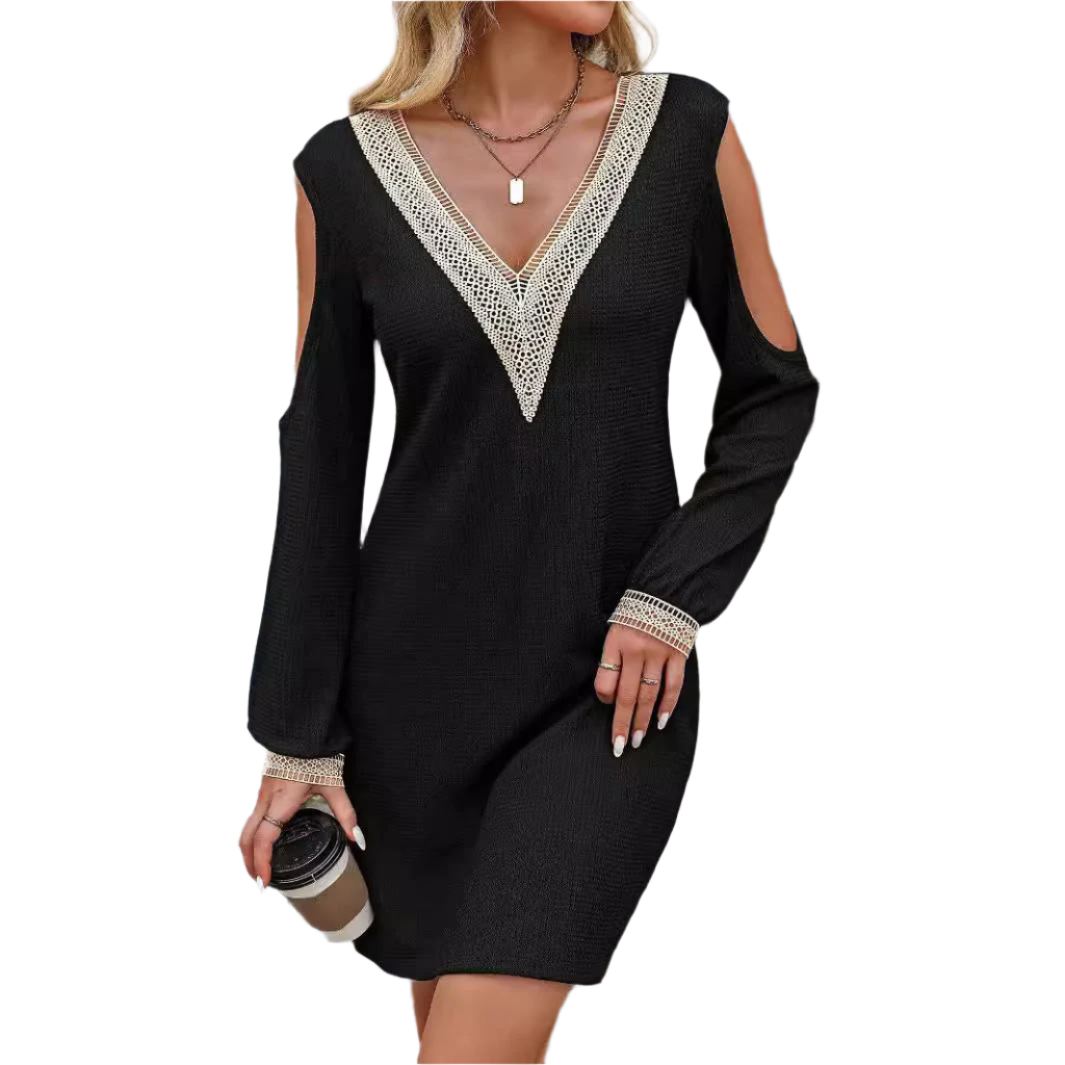 V-neck dress with lace trim – Elegant long-sleeve dress for all occasions