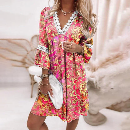 Vibrant Summer Dress with Lace Trim