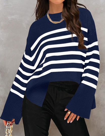 Warm women's striped oversized pullover for autumn and winter