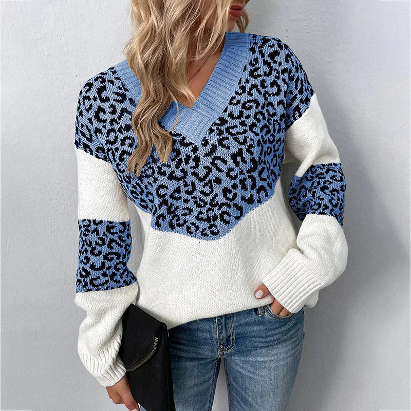 Women's Stylish V-neck Leopard Sweater