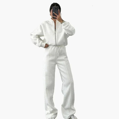 Women's Oversize Casual Suit Two-Piece with Wide Pants and Zipper Jacket – Casual Streetwear Look