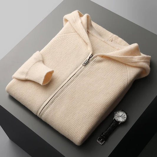 Castello | Men’s Zip-Up Hooded Sweater – Luxury Knitwear Beige