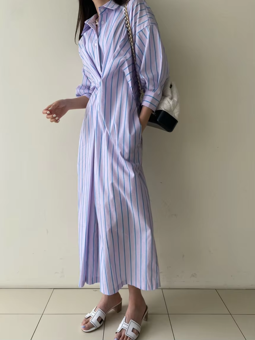 Alessia | Elegant shirt dress for women with gathers and stripes