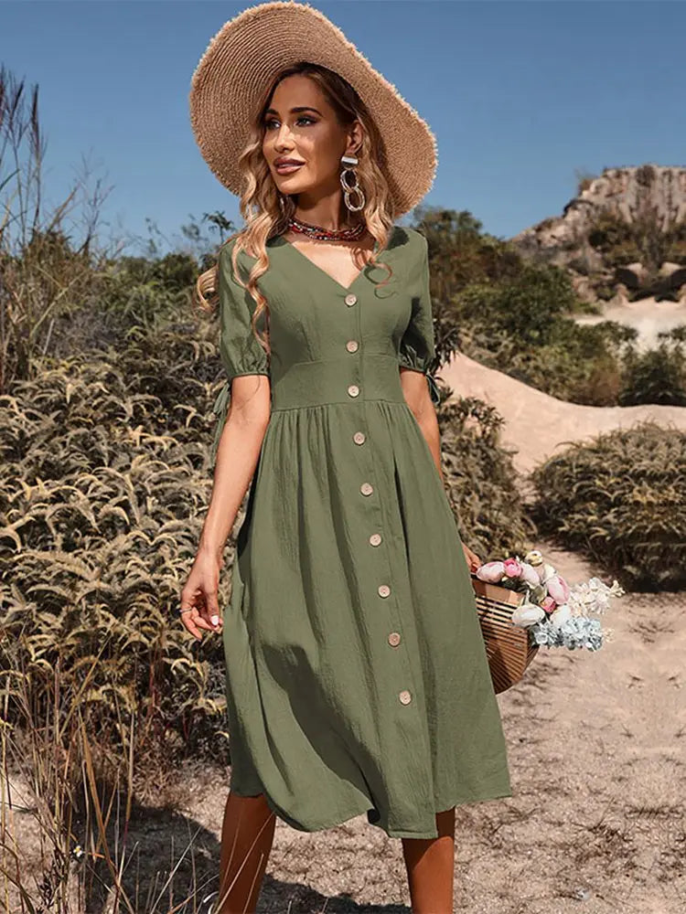 Casual V-Neck Cotton Summer Dress - Olytrend