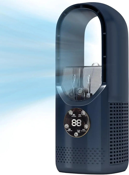Bladeless fan with humidifier & RGB light - Quiet & wireless for home & travel
