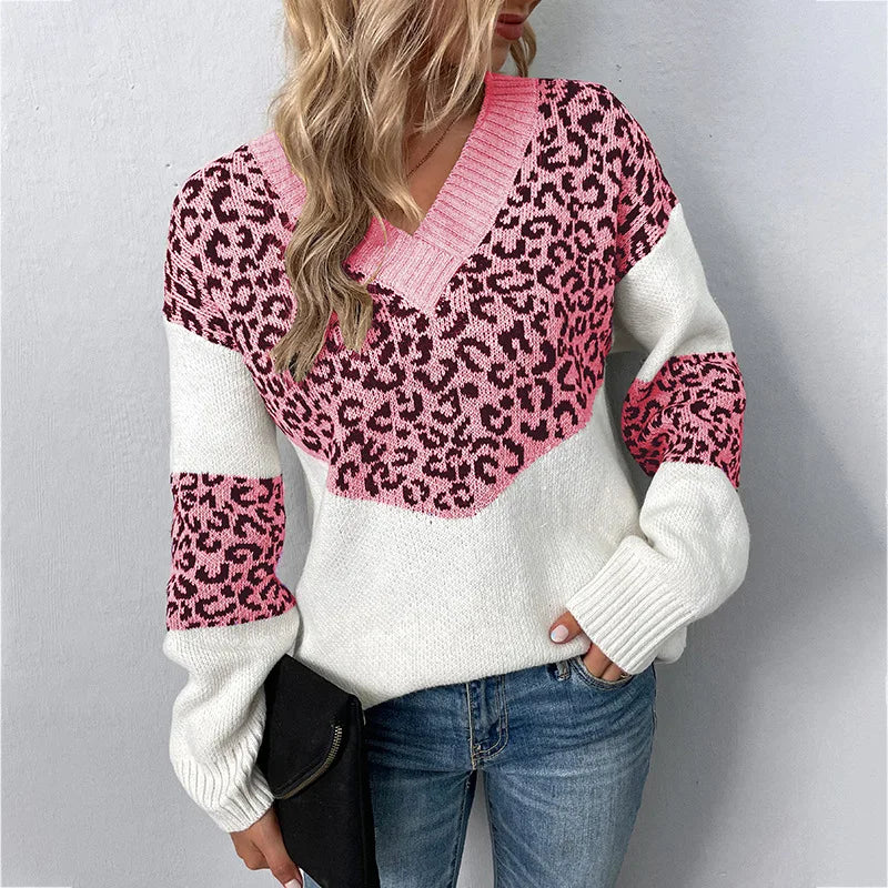 Women's Stylish V-neck Leopard Sweater