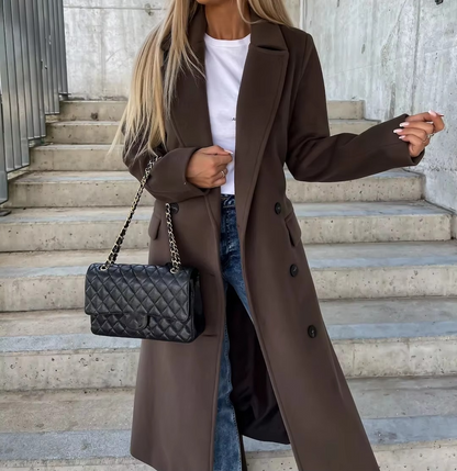Women's Long Trench Coat | With Notched Collar & Button Placket