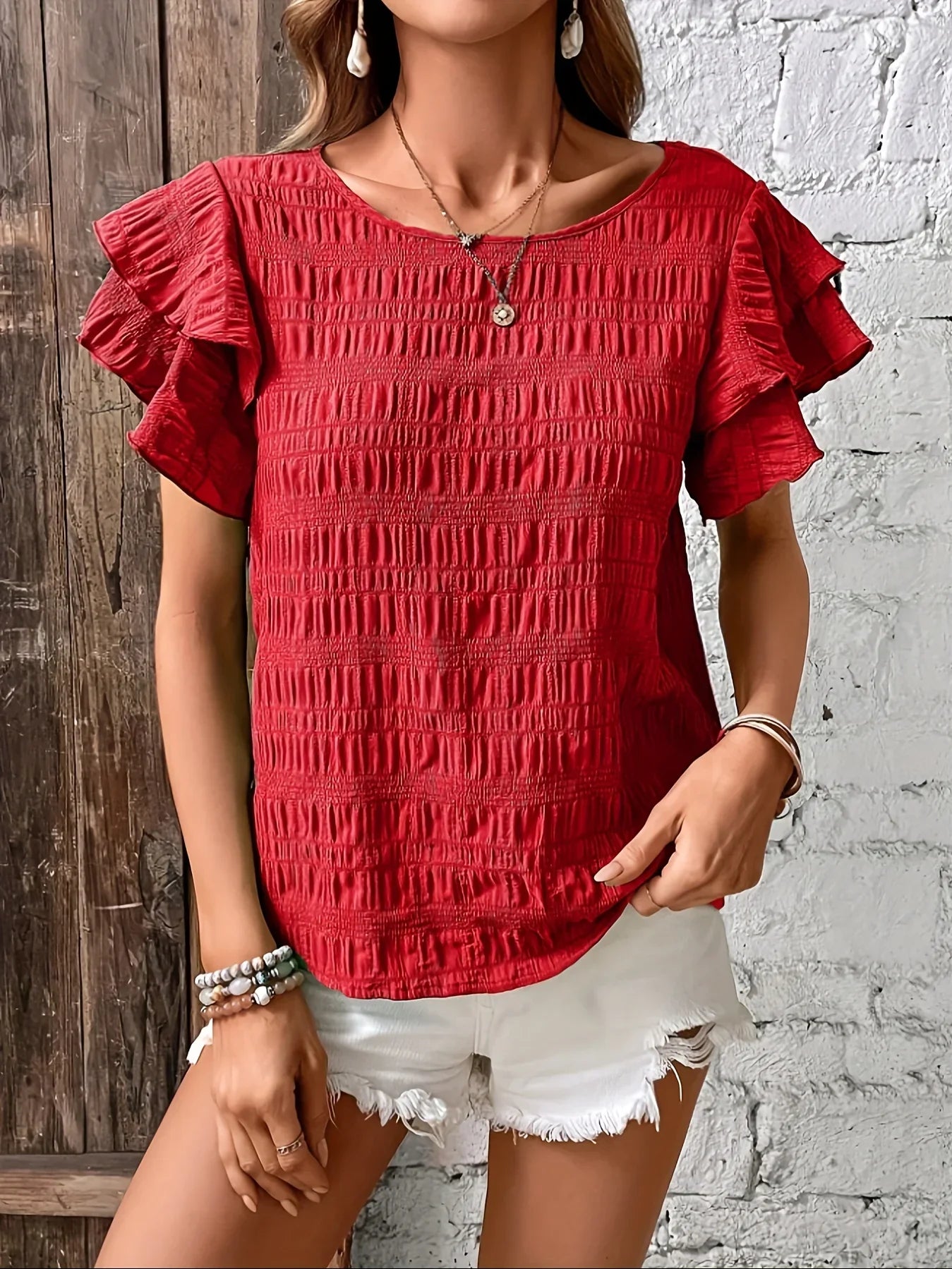 Airy V-Neck Blouse with Cute Fluffy Trim