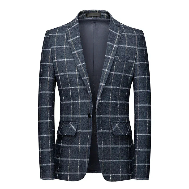 Oliver Men’s Dark Blue Check Blazer – Slim Fit Elegant Gentleman Jacket
