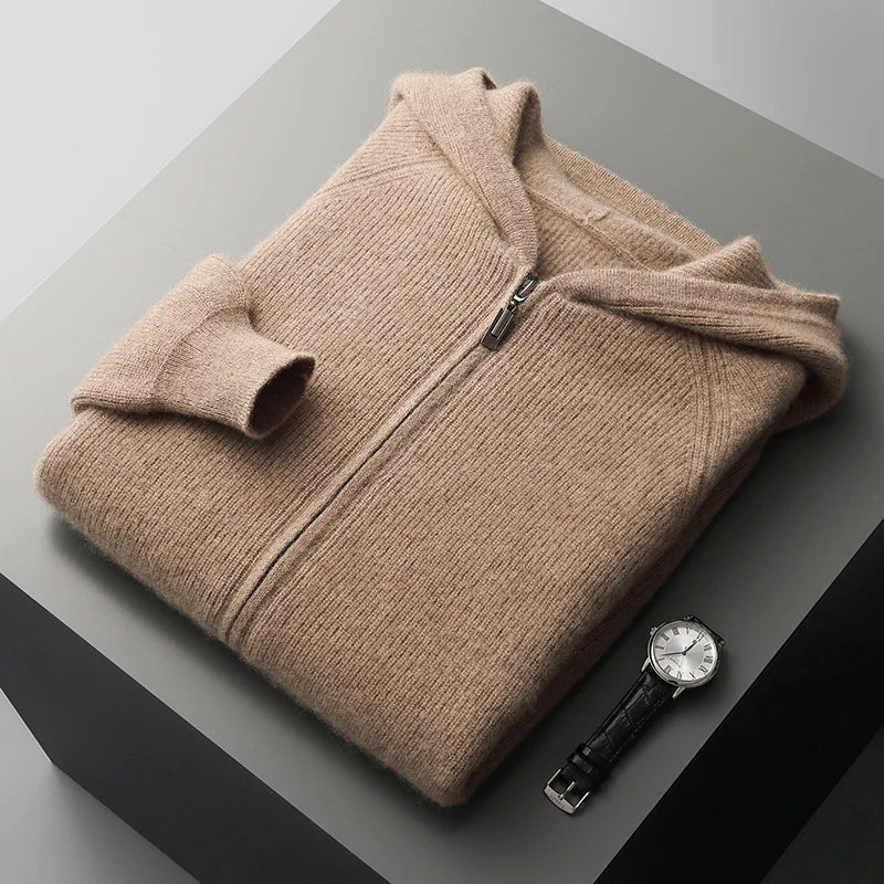 Castello | Men’s Zip-Up Hooded Sweater – Luxury Knitwear Khaki