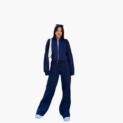 Women's Oversize Casual Suit Two-Piece with Wide Pants and Zipper Jacket – Casual Streetwear Look
