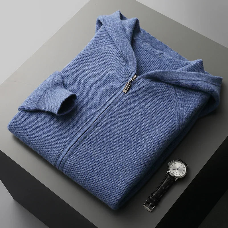 Castello Men’s Zip-Up Hooded Sweater – Luxury Knitwear Blue