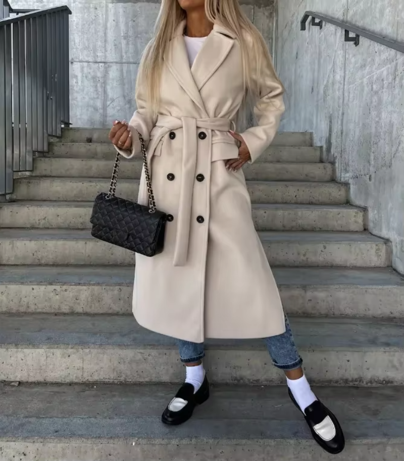 Women's Long Trench Coat | With Notched Collar & Button Placket