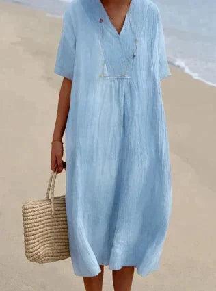Women's linen V-neck dress - short sleeves, relaxed fit