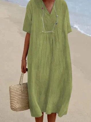 Women's linen V-neck dress - short sleeves, relaxed fit