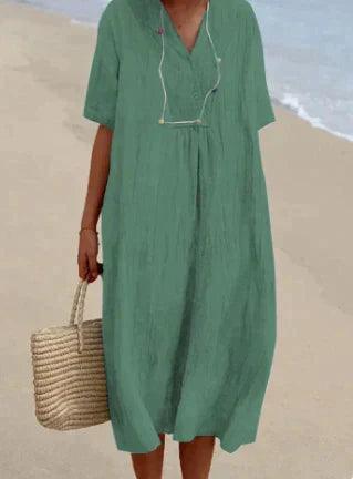 Women's linen V-neck dress - short sleeves, relaxed fit