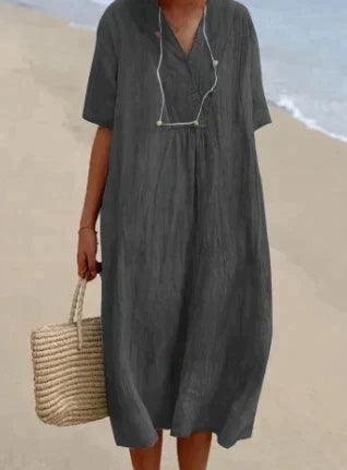 Women's linen V-neck dress - short sleeves, relaxed fit