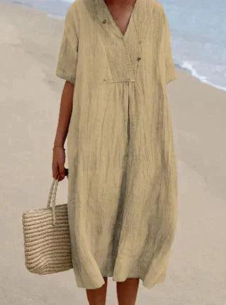 Women's linen V-neck dress - short sleeves, relaxed fit