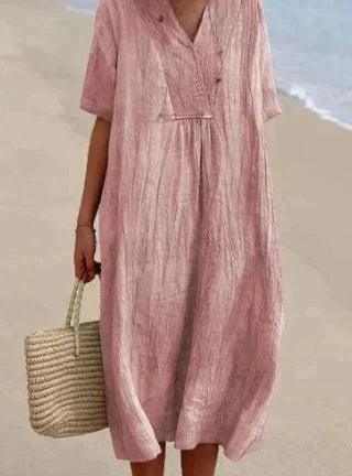 Women's linen V-neck dress - short sleeves, relaxed fit