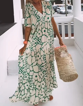 V-neck wide dress, printed