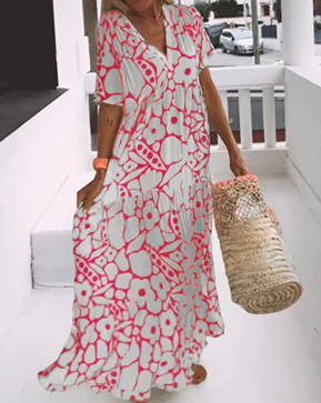 V-neck wide dress, printed