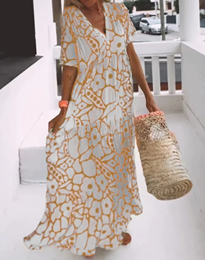V-neck wide dress, printed