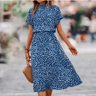 Blue printed midi dress, Isabella, round neck