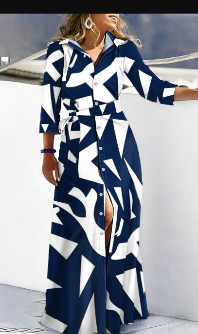 Blue printed maxi dress, Emma, 3/4 sleeves